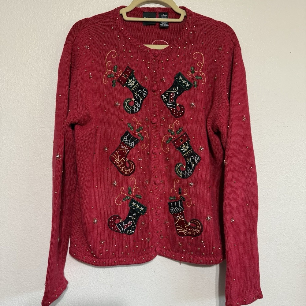 Erika Women Ugly Christmas Cardigan Sweater Medium Red Stocking Santa Embroidery